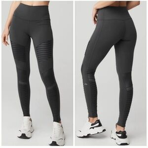 Alo Yoga Charcoal Grey Mid Rise Pintuck Ribbed Mesh Moto Leggings